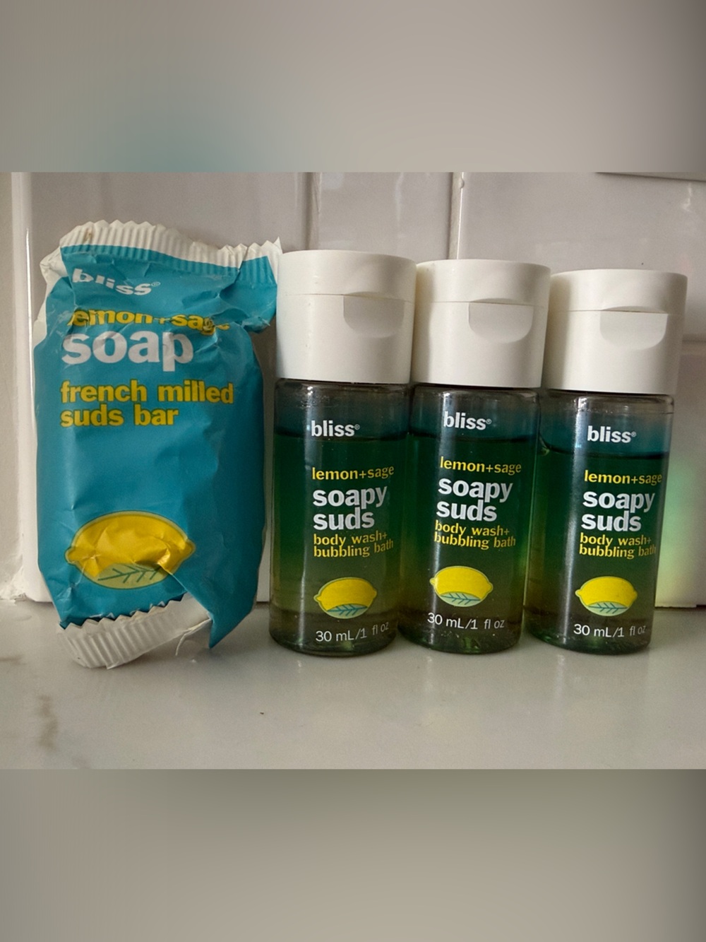 Bliss Lemon+Sage Soapy Suds Travel & Trio Wrapped Soap Sample size body wash